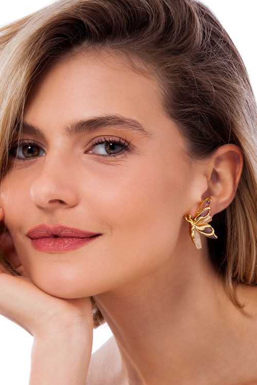 Brinco Flutua B - Cristal e Resina Multicolorida - Coleção Ela Voa Banho: Folheado a Ouro