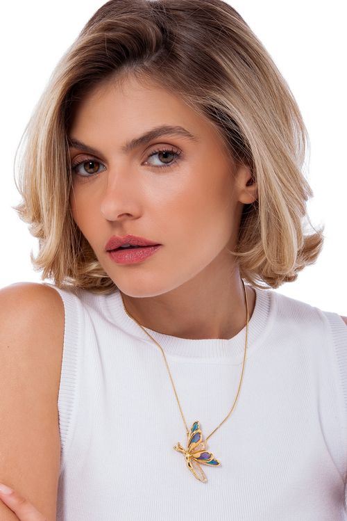 Colar Flutua B - Cristal e Resina Multicolorida- Coleção Ela Voa Banho: Folheado a Ouro