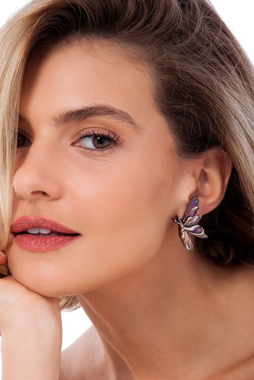 Brinco Flutua B - Cristal e Resina Multicolorida- Coleção Ela Voa Banho: Ródio Negro