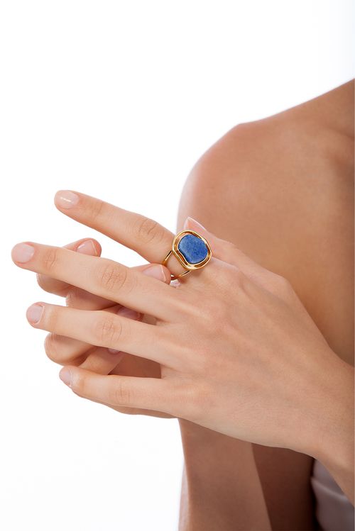 Anel Soleil Baby - Quartzo Azul Anil - Coleção Acquarella Banho: Folheado a Ouro