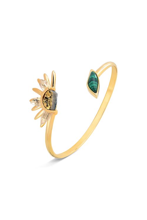 Pulseira Girassol - Cristal, Drusa Cobre e Malaquita - Coleção Ser Girassol Banho: Folheado a Ouro