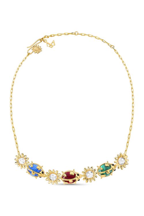 Colar Jardim B - Feldspato Vermelho, Malaquita, Quartzo Azul Anil e Cristal - Coleção Ser Girassol Banho: Folheado a Ouro