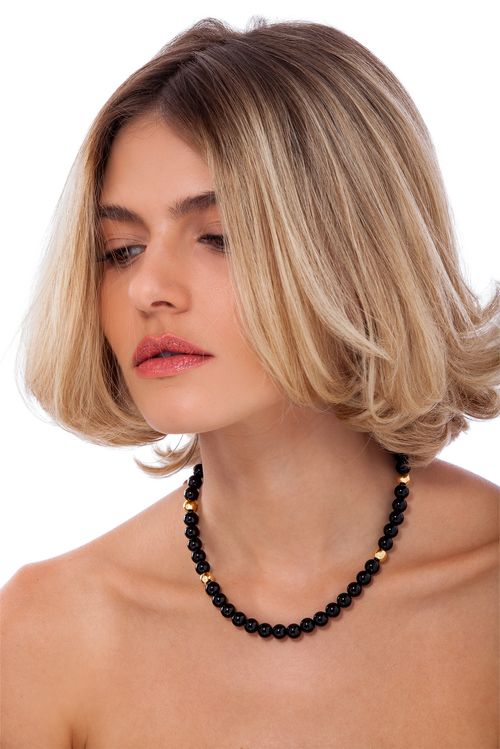 Colar Esferas B - Obsidiana Preta - Coleção Believe Banho: Folheado a Ouro