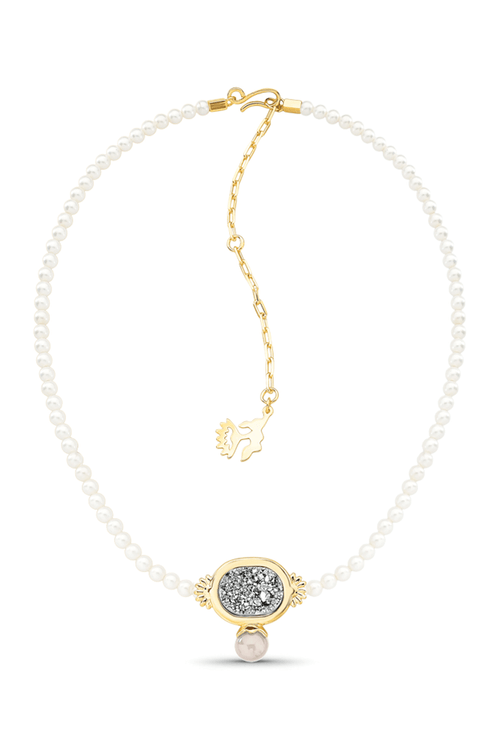 Colar Choker Ancestral - Ágata Cinza,Drusa Metalizada e Pérola  - Coleção Âmago Banho: Folheado a Ouro