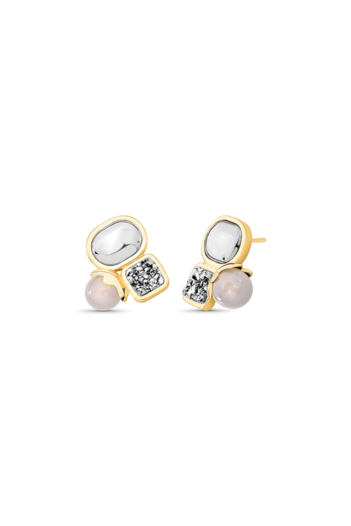 Brinco Gerações - Ágata Cinza, Ágata Cinza Metalizada e Drusa Metalizada- Coleção Âmago Banho: Folheado a Ouro