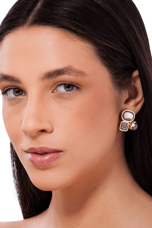 Brinco Gerações - Ágata Cinza, Ágata Cinza Metalizada e Drusa Metalizada- Coleção Âmago Banho: Folheado a Ouro