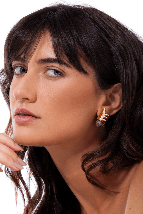 Brinco Aurum - Labradorita Azul Claro - Coleção Aurum Banho: Folheado a Ouro