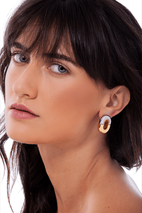 Brinco Chained - Ágata Cinza Metalizada - Coleção Ícones Banho: Folheado a Ouro